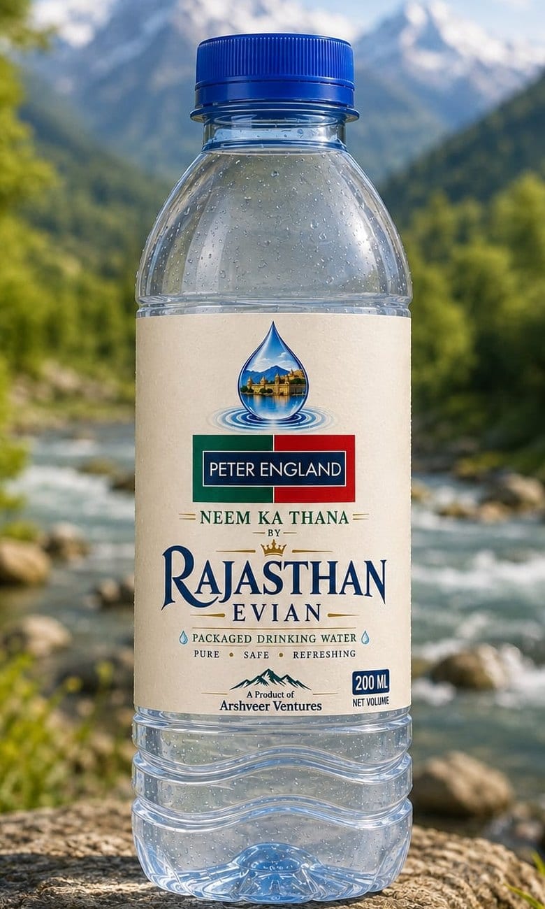 A Rajasthan Evian bottle labelled for Peter England, Retail store